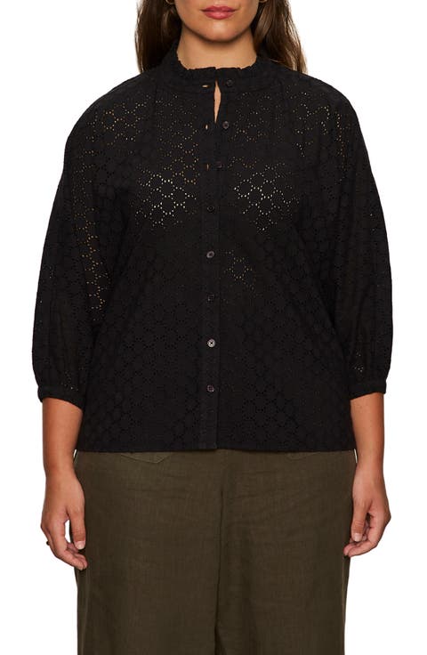 Petal Drop Eyelet Embroidered Button-Up Top (Plus)
