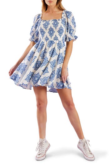 Flying Tomato Medallion Print Fit & Flare Dress In Off White/blue