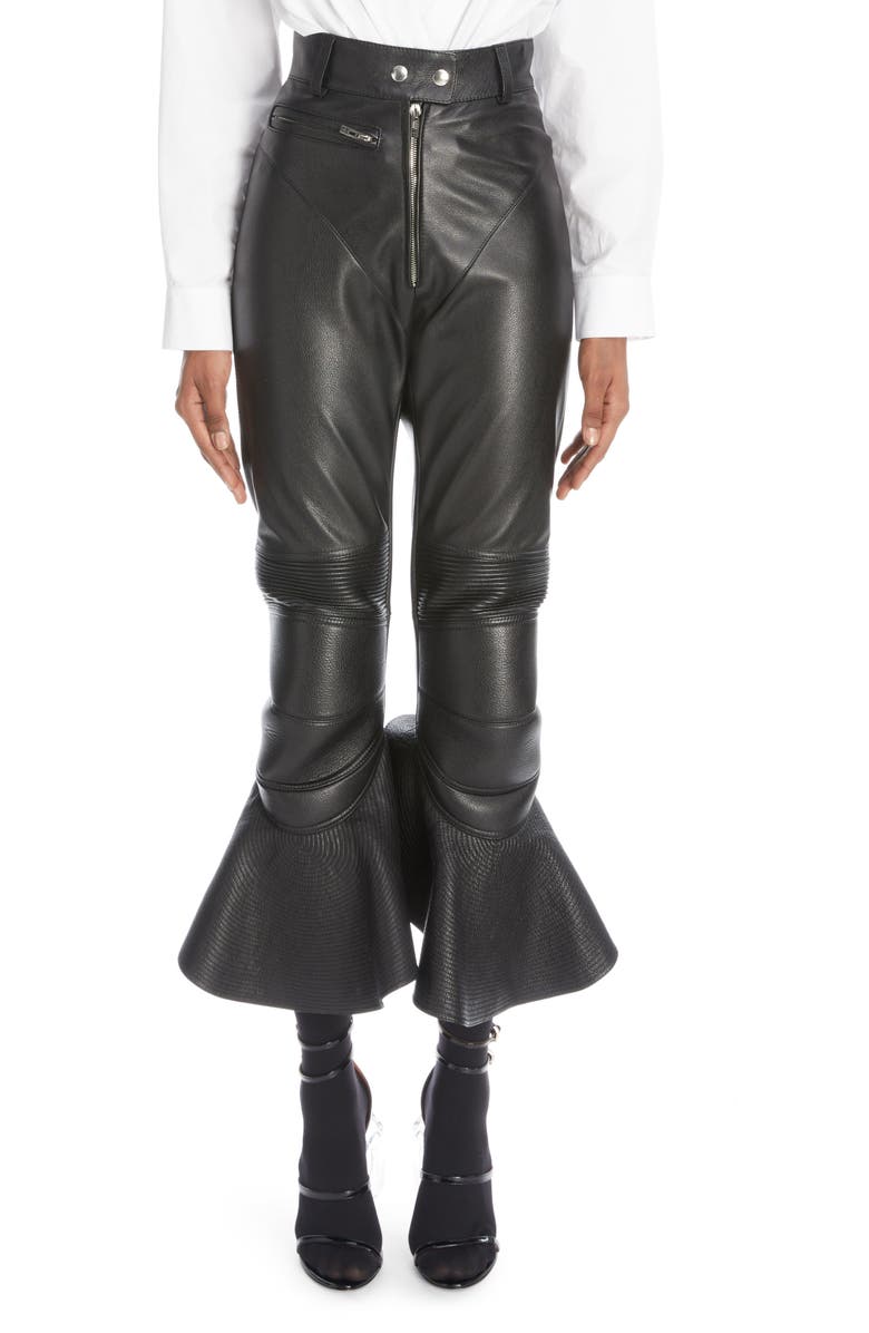 Alaïa High Waist Ruffle Leather Moto Pants, Main, color, 