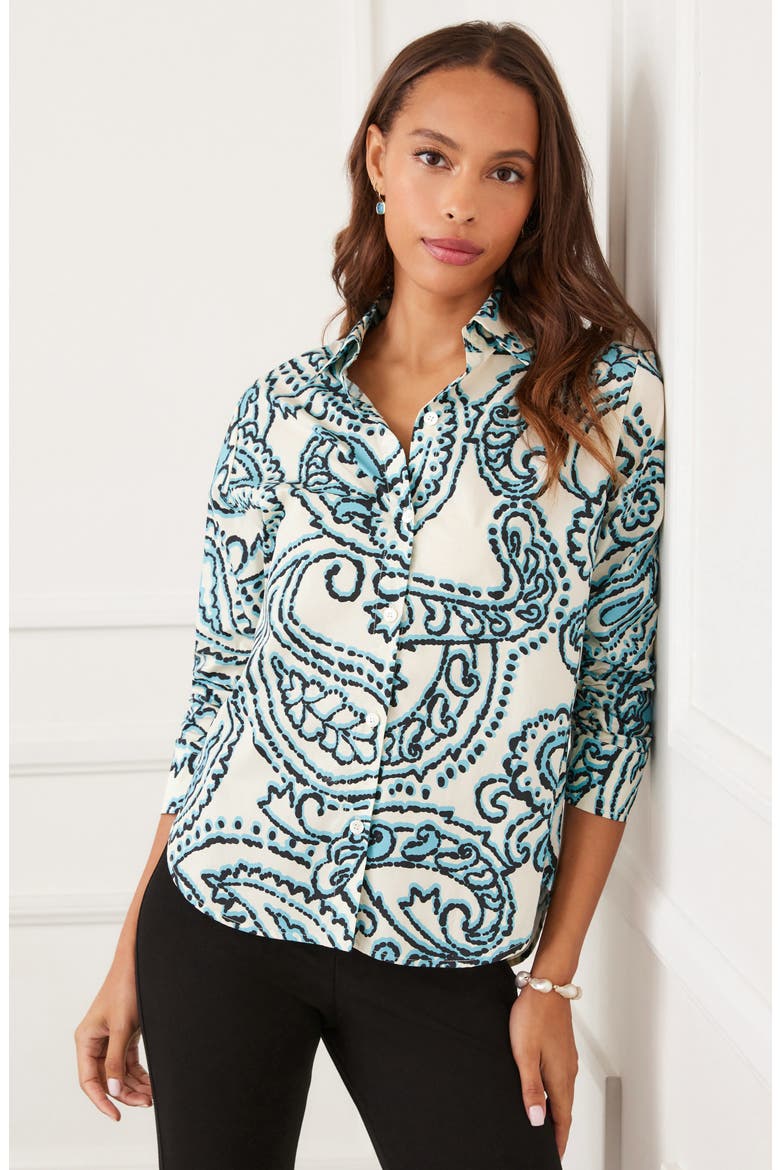 Ruched Sleeve Shirt, Alternate, color, IVORY/ BLUE PRINT
