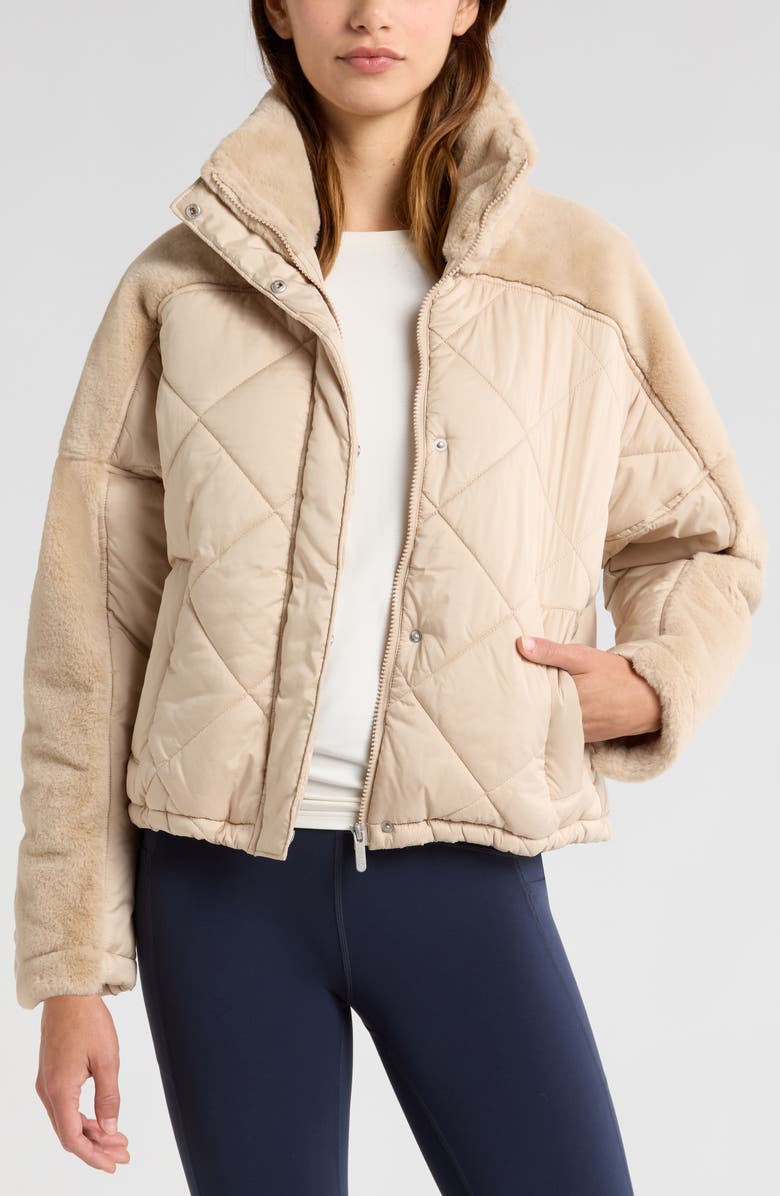 Zella Faux Fur Mixed Media Quilted Jacket, Main, color, Tan Oxford