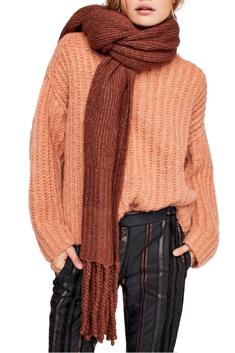 Jaden Rib Knit Blanket Scarf, Main, color, BROWN