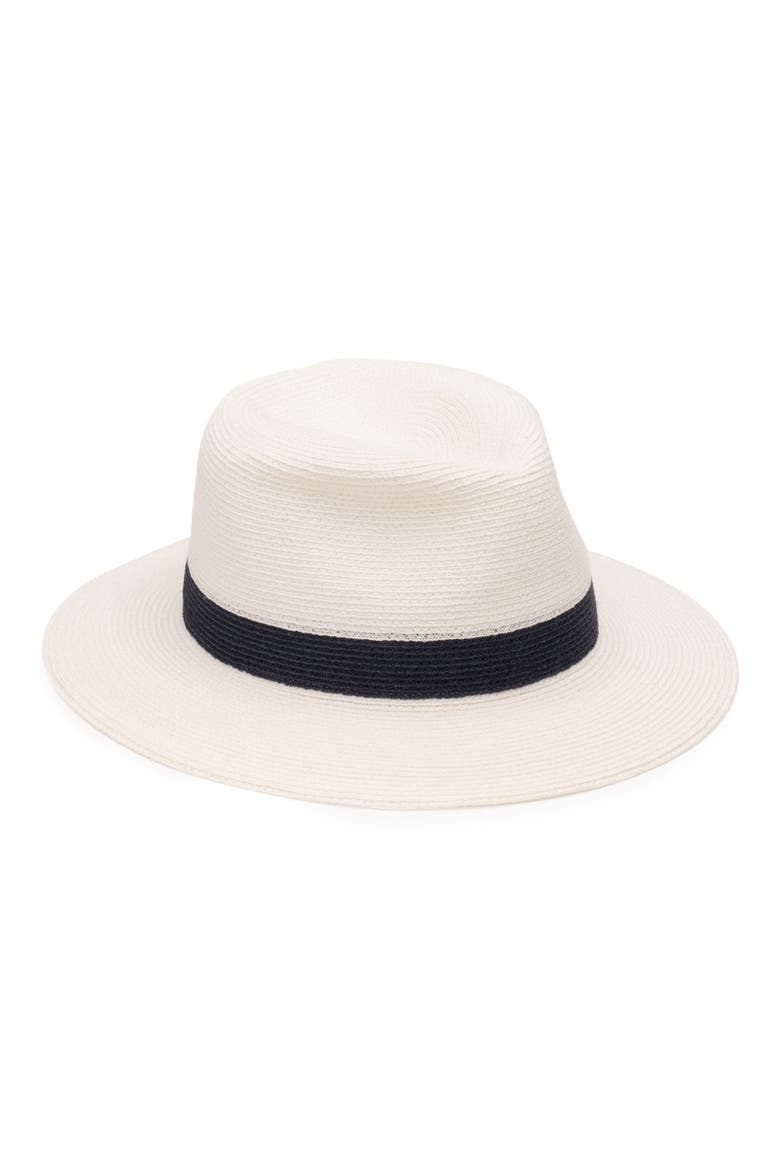 Stripe Wide Brim Packable Straw Fedora, Main, color, IVORY/ NAVY