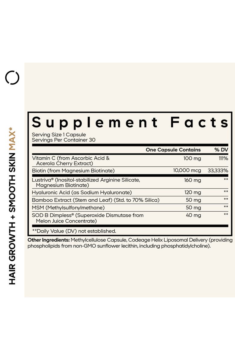 Codeage Hair Growth+Smooth Skin Max Vitamins, Lustriva, SOD B Dimpless, Biotin Vitamin C, Alternate, color, White