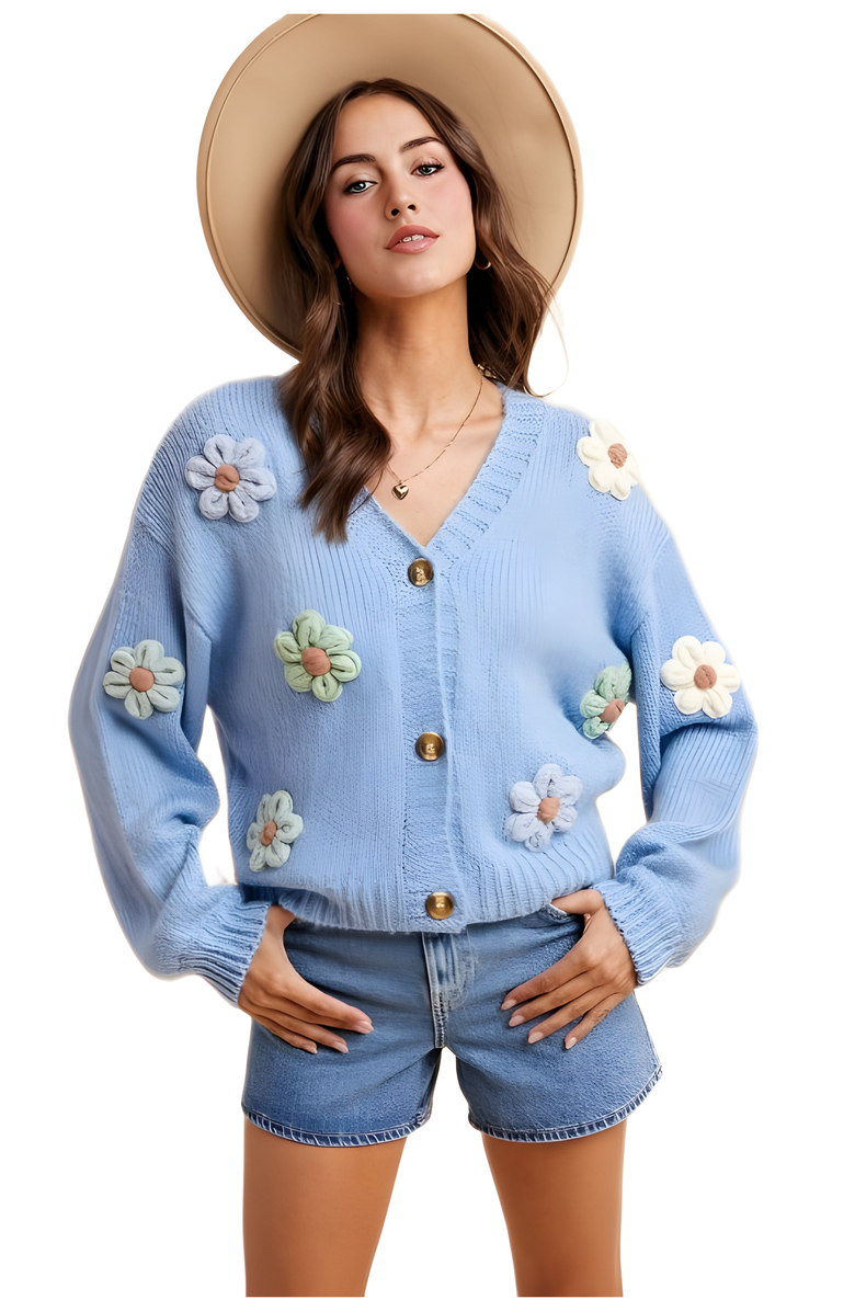Knit and Lounge Button-Up Flower Embellished Cardigan, Main, color, Light Blue / Pastel Flowers