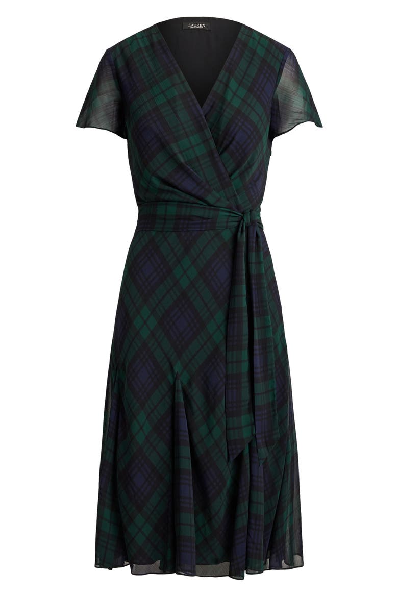 Plaid Georgette Wrap Dress, Alternate, color, NAVY BLUE