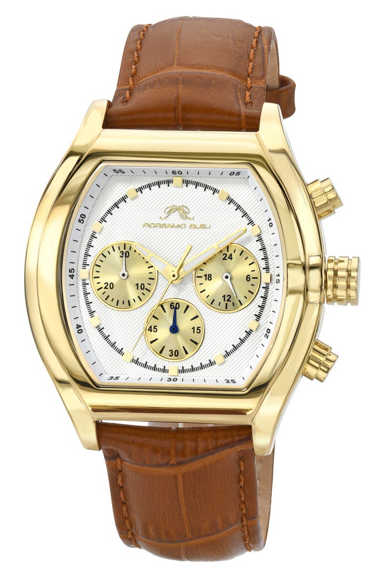 Roman Chronograph Croc Embossed Leather Strap Watch, 42mm, Main, color, BROWN