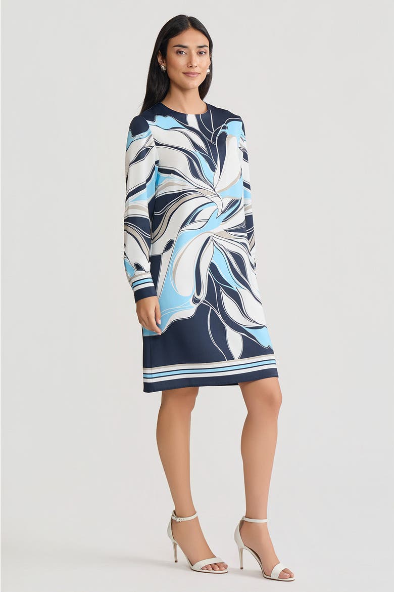 Floral Abstract Crepe de Chine Shift Dress, Alternate, color, Indigo/White/Serene