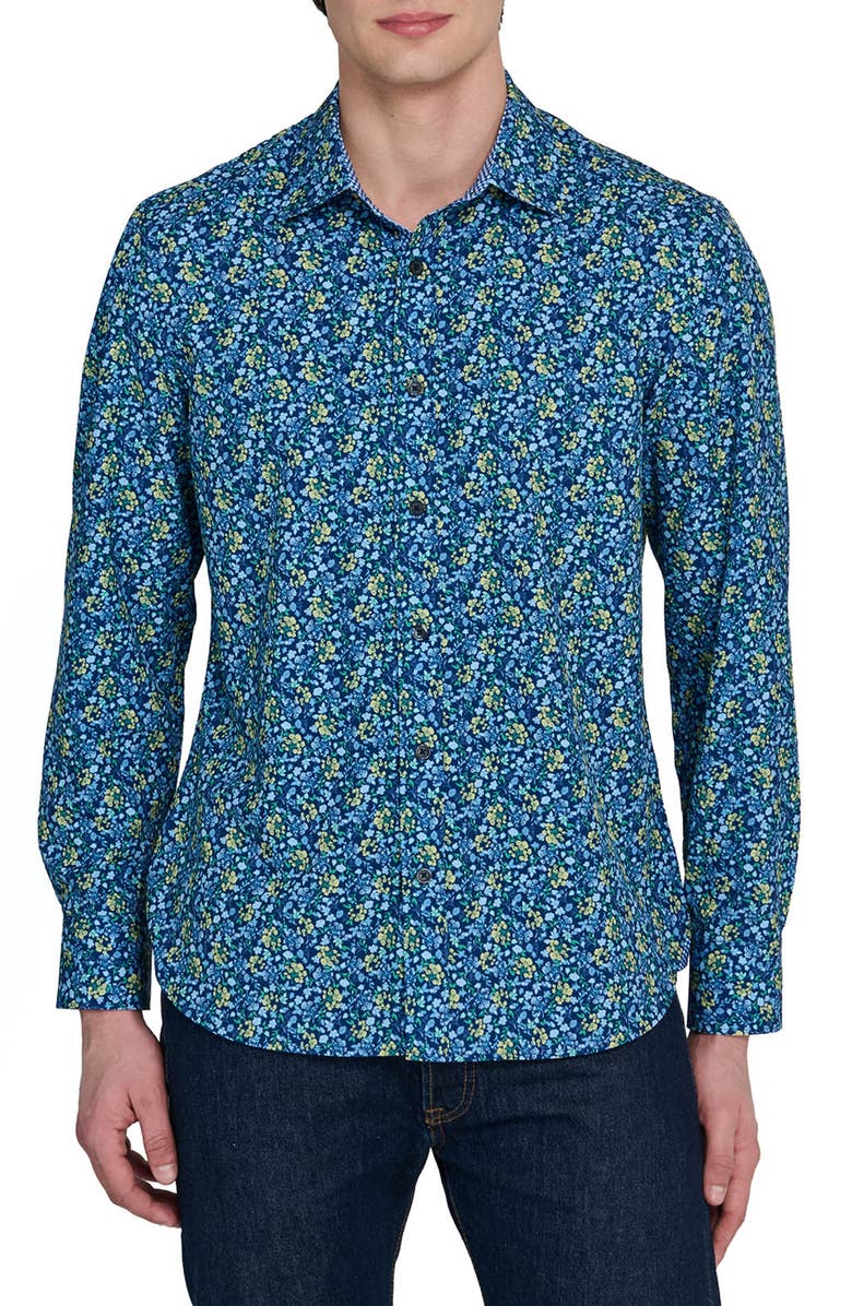 CONSTRUCT Slim Fit Budding Floral Performance Long Sleeve Shirt, Main, color, Navy/Yellow
