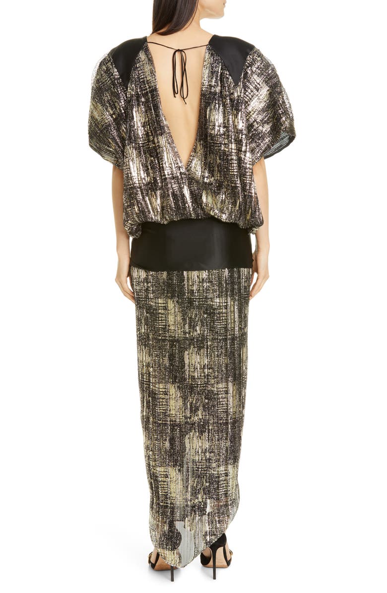 Rodarte Metallic Plissé Drop Waist Maxi Dress, Alternate, color,