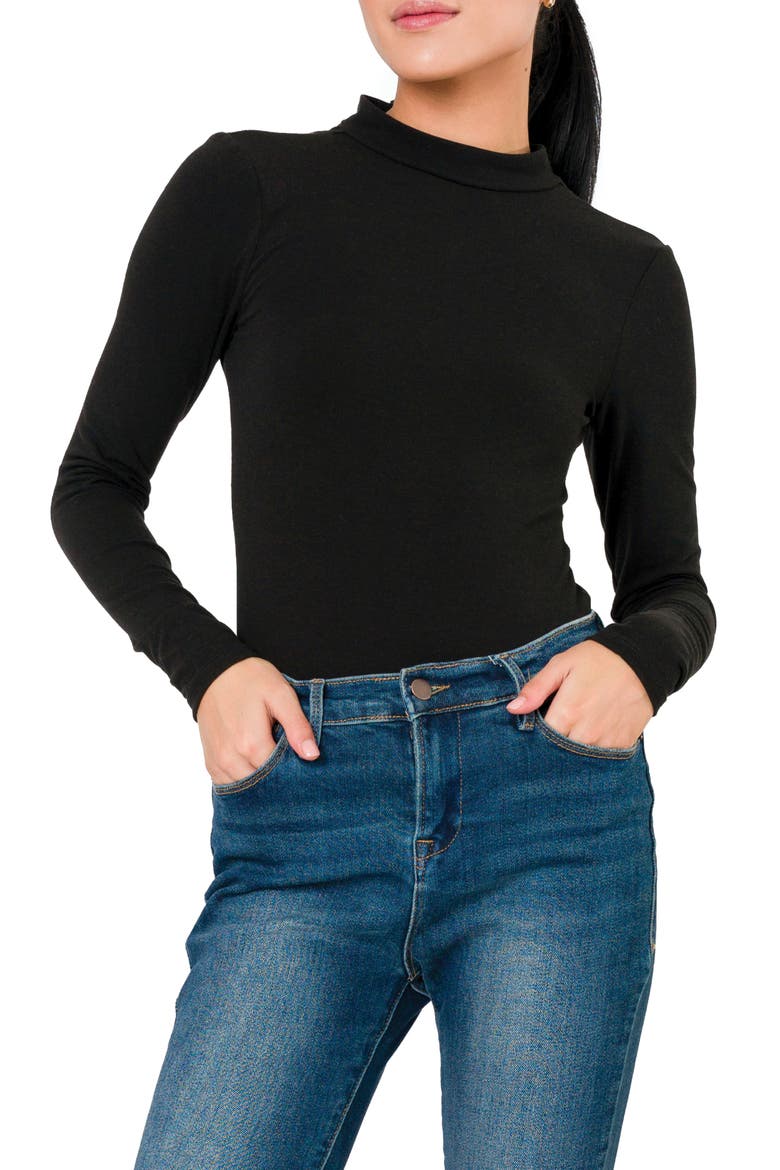 Mock Neck Long Sleeve Thong Bodysuit, Main, color, BLACK