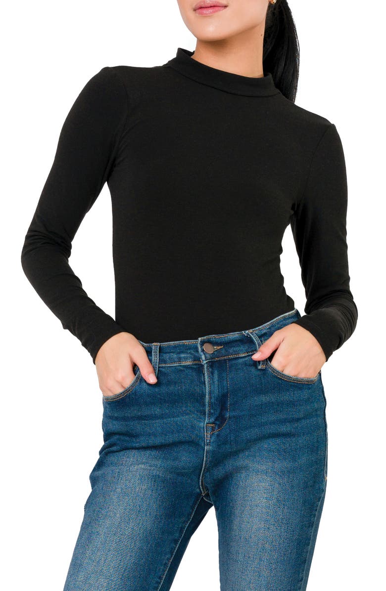 GIBSONLOOK Mock Neck Long Sleeve Thong Bodysuit, Main, color, Black