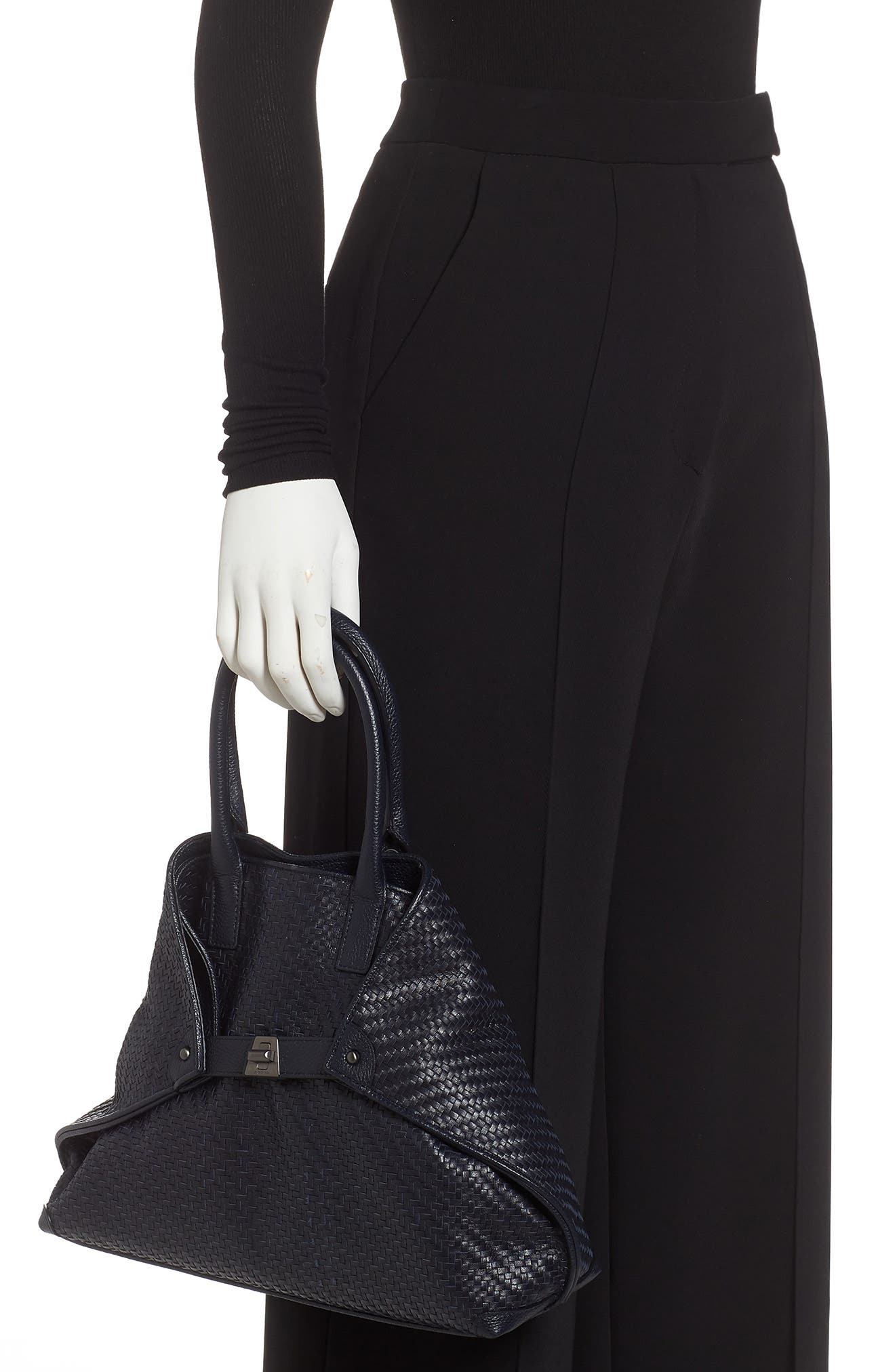 Small AI Woven Plaid Calfskin Leather Tote, Alternate, color, DENIM
