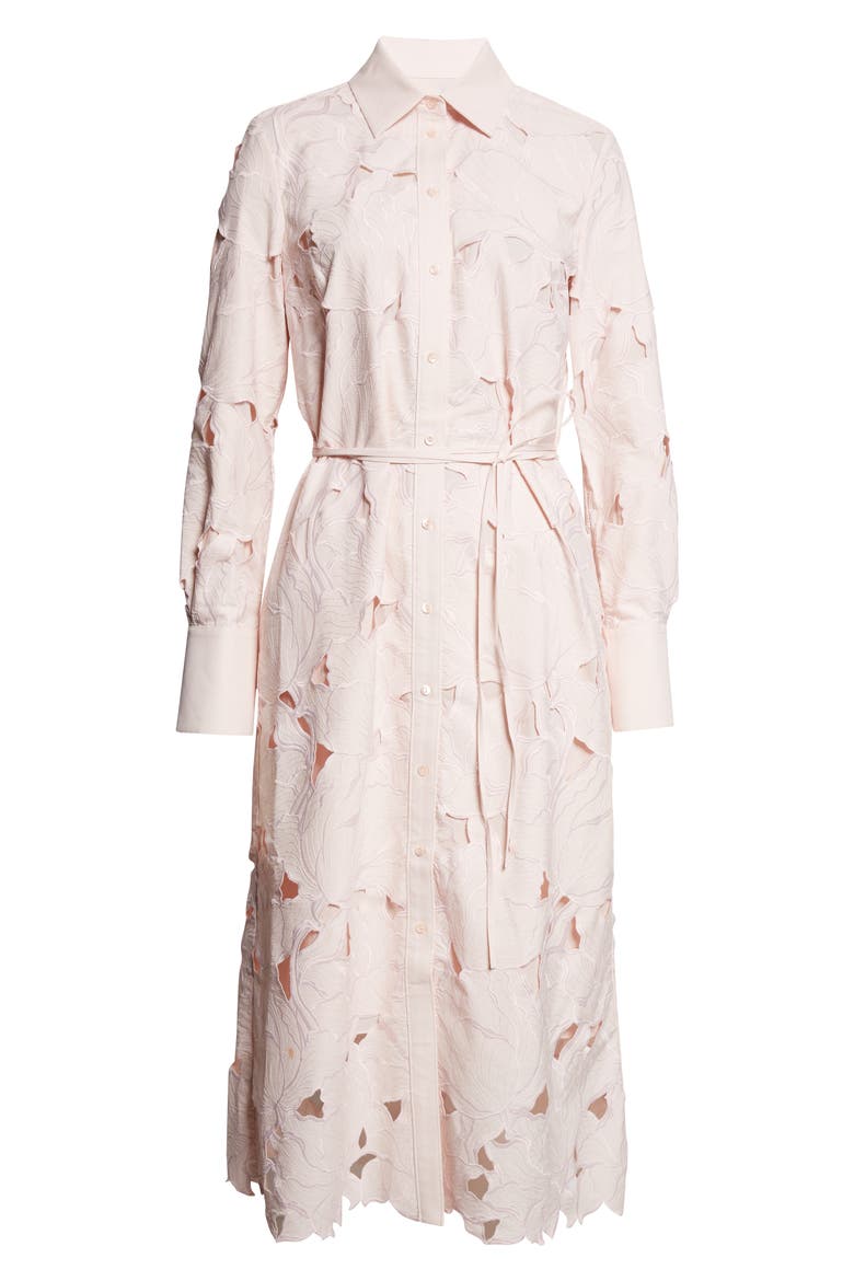Floral Cutwork Belted Long Sleeve Poplin Shirtdress, Alternate, color, CAMEO PINK