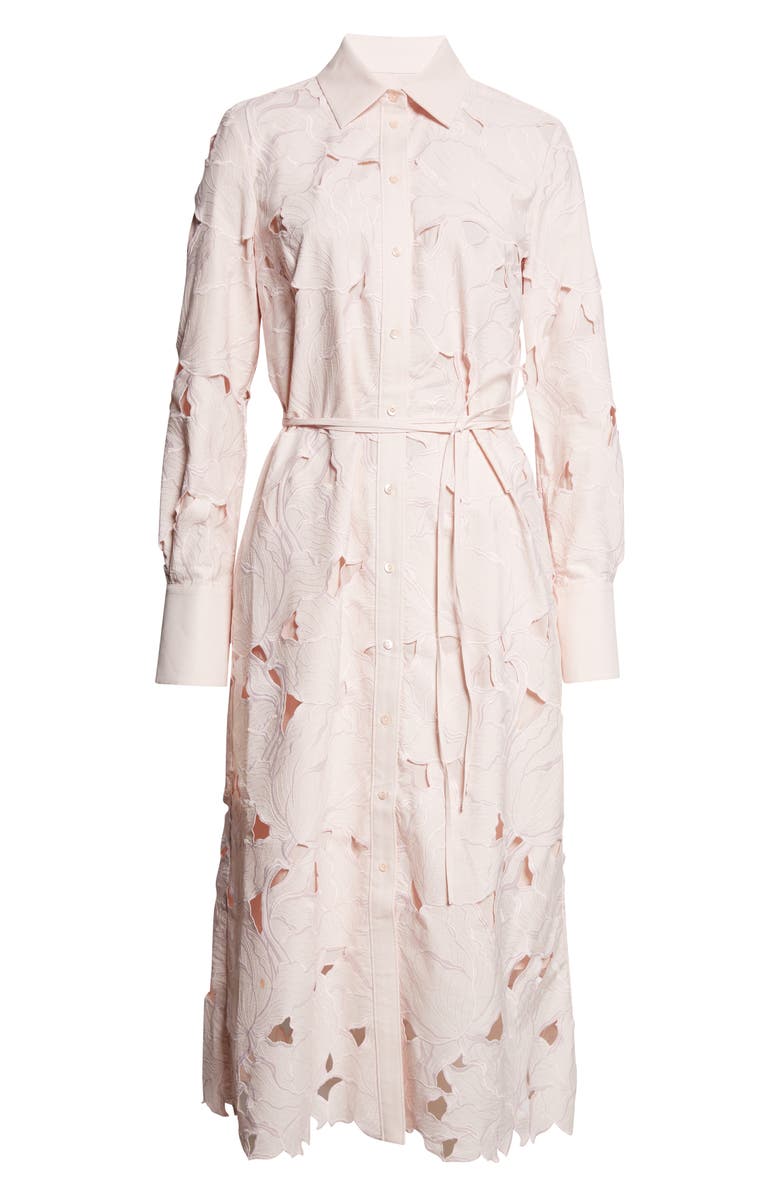 Erdem Floral Cutwork Belted Long Sleeve Poplin Shirtdress, Alternate, color, Cameo Pink