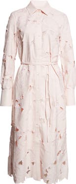 Erdem Floral Cutwork Belted Long Sleeve Poplin Shirtdress