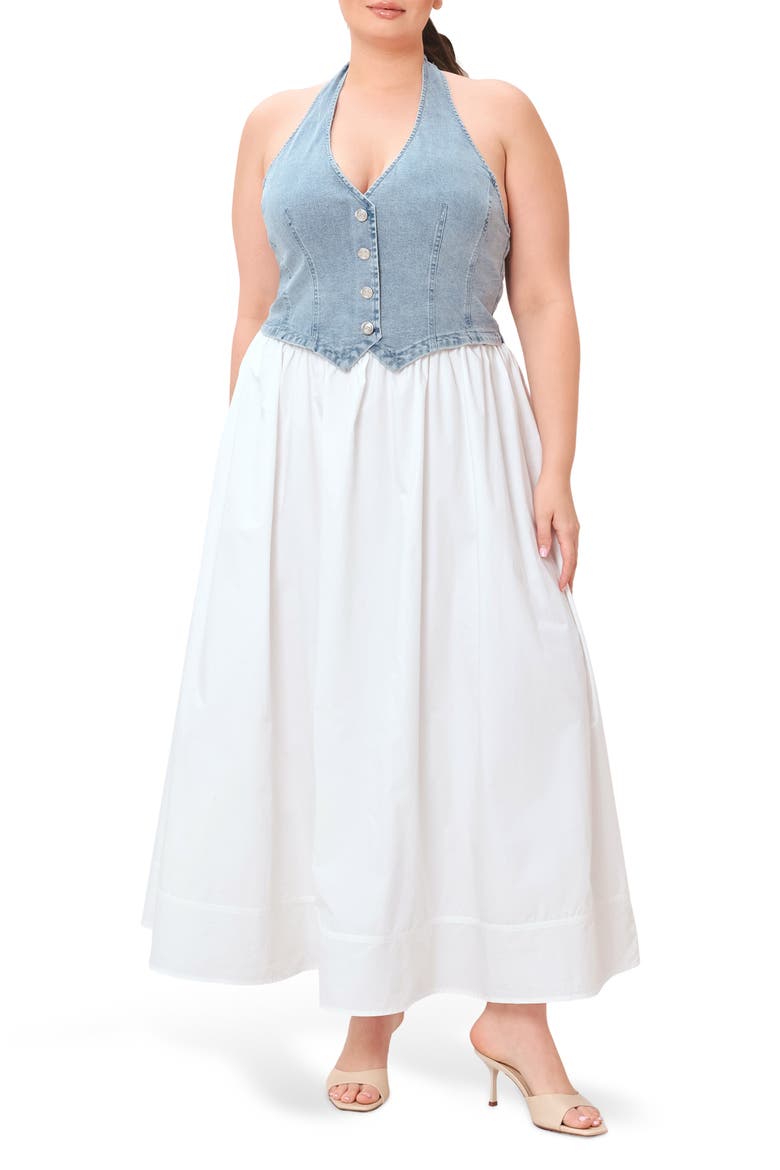 Halter Vest Mixed Media Maxi Dress, Main, color, DENIM/ WHITE