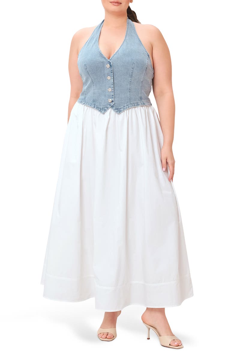 FREEMARKET Halter Vest Mixed Media Maxi Dress, Main, color, Denim/ White