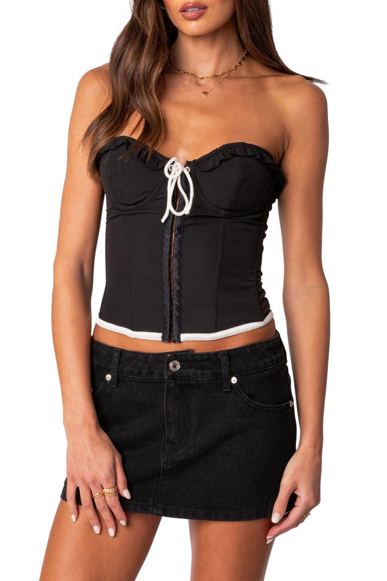 Abbey Ruffle Trim Corset Top, Main, color, BLACK