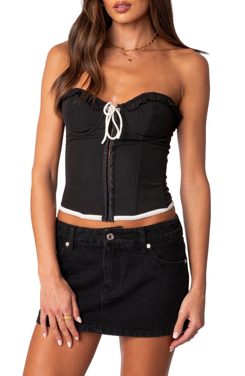 EDIKTED Abbey Ruffle Trim Corset Top, Main, color, Black