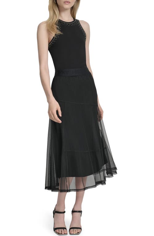 Dkny Leopard Print Shirt Mesh Midi Skirt In Black