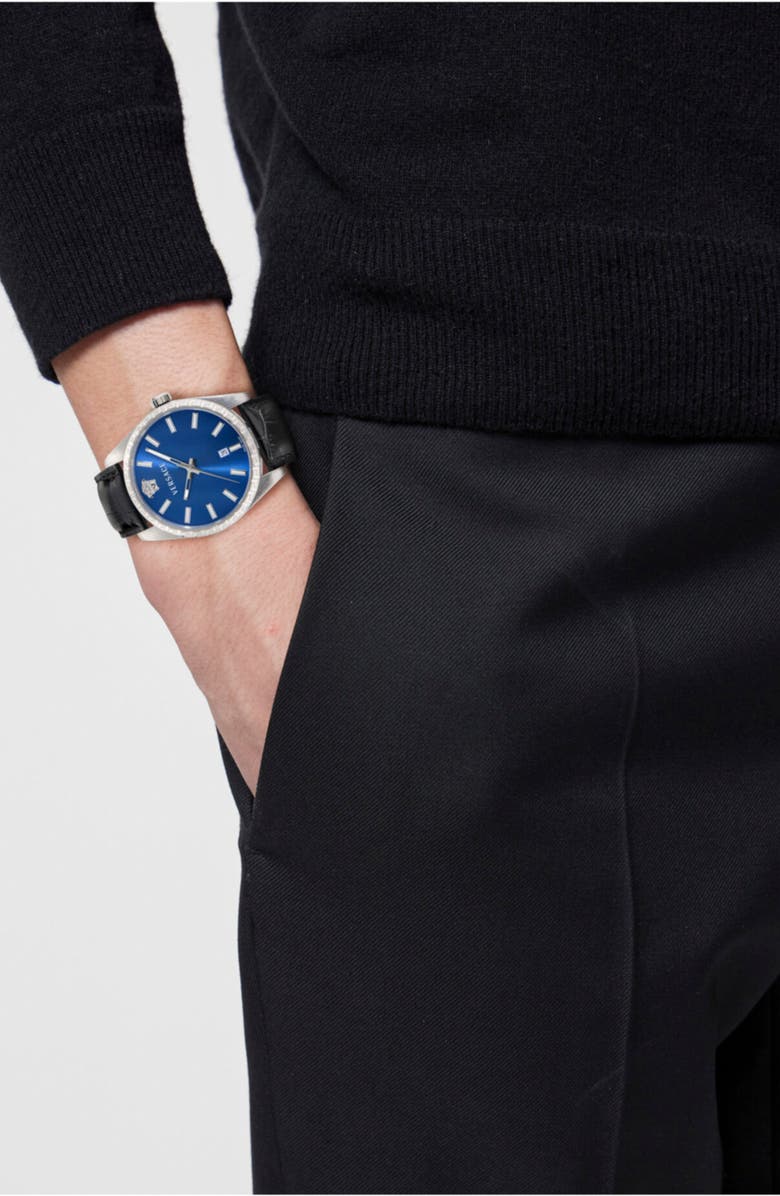 Versace Millenyium Leather Strap Watch, 40mm, Alternate, color, Stainless Steel