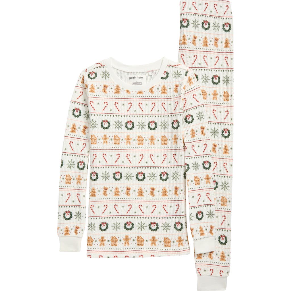 Petit Lem Kids' Holiday Treats Fair Isle Print Fitted Two-Piece Pajamas in Off White