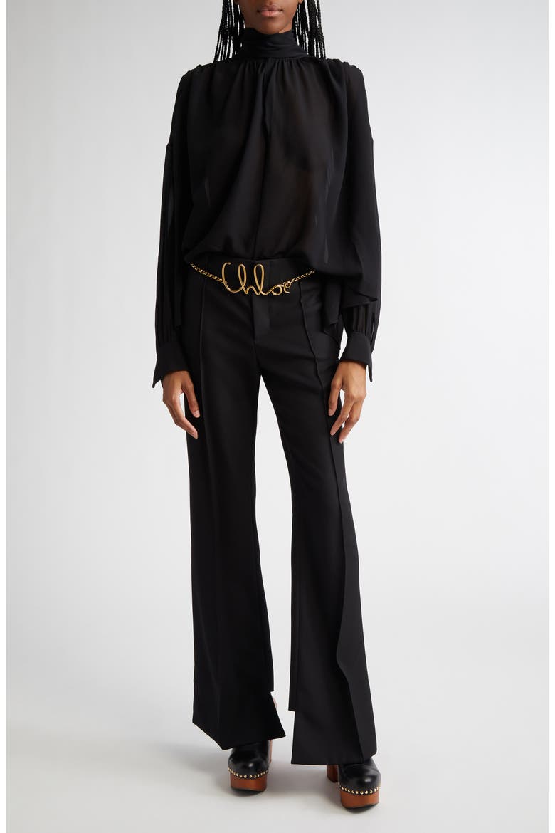 Draped Semisheer Silk Georgette Tie Neck Top, Alternate, color, BLACK
