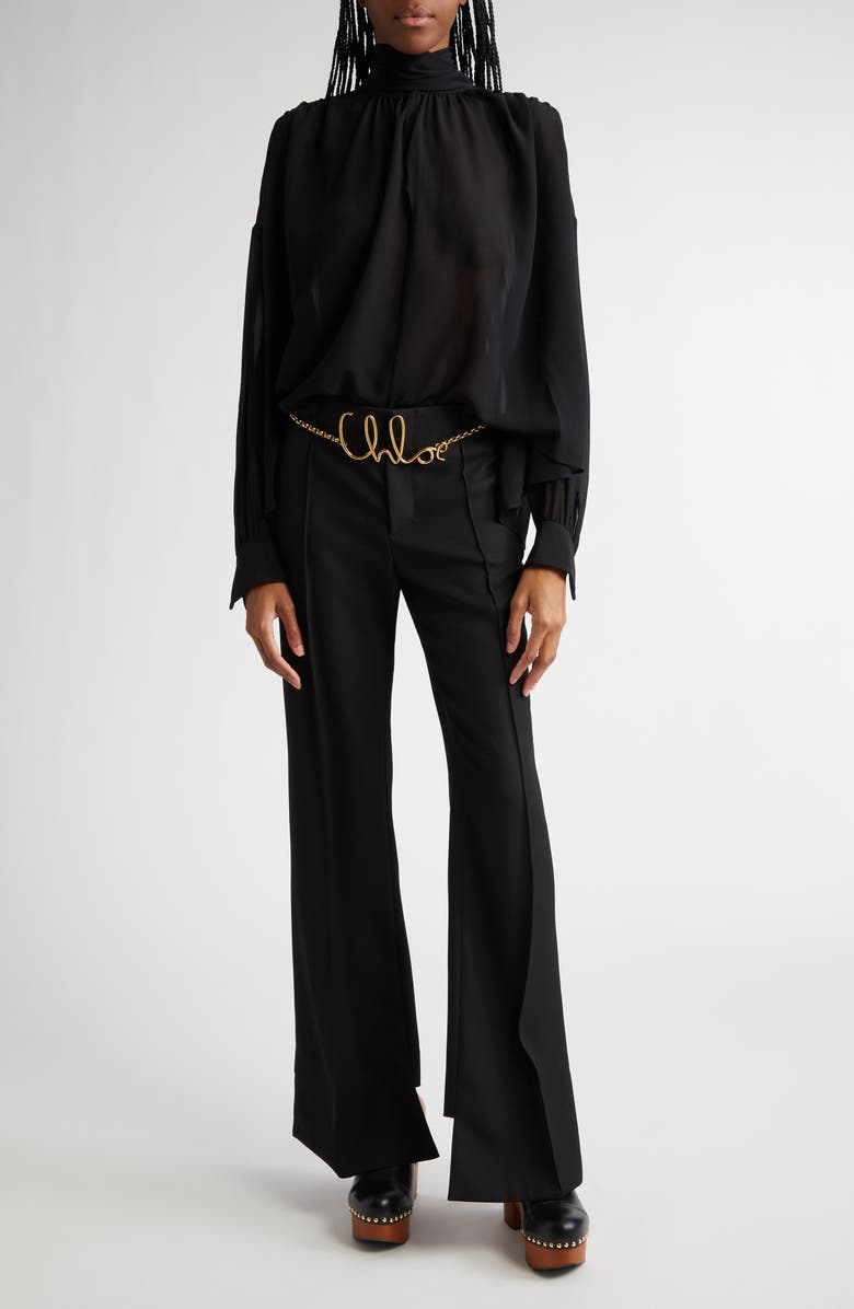 Chloé Draped Semisheer Silk Georgette Tie Neck Top, Alternate, color, Black