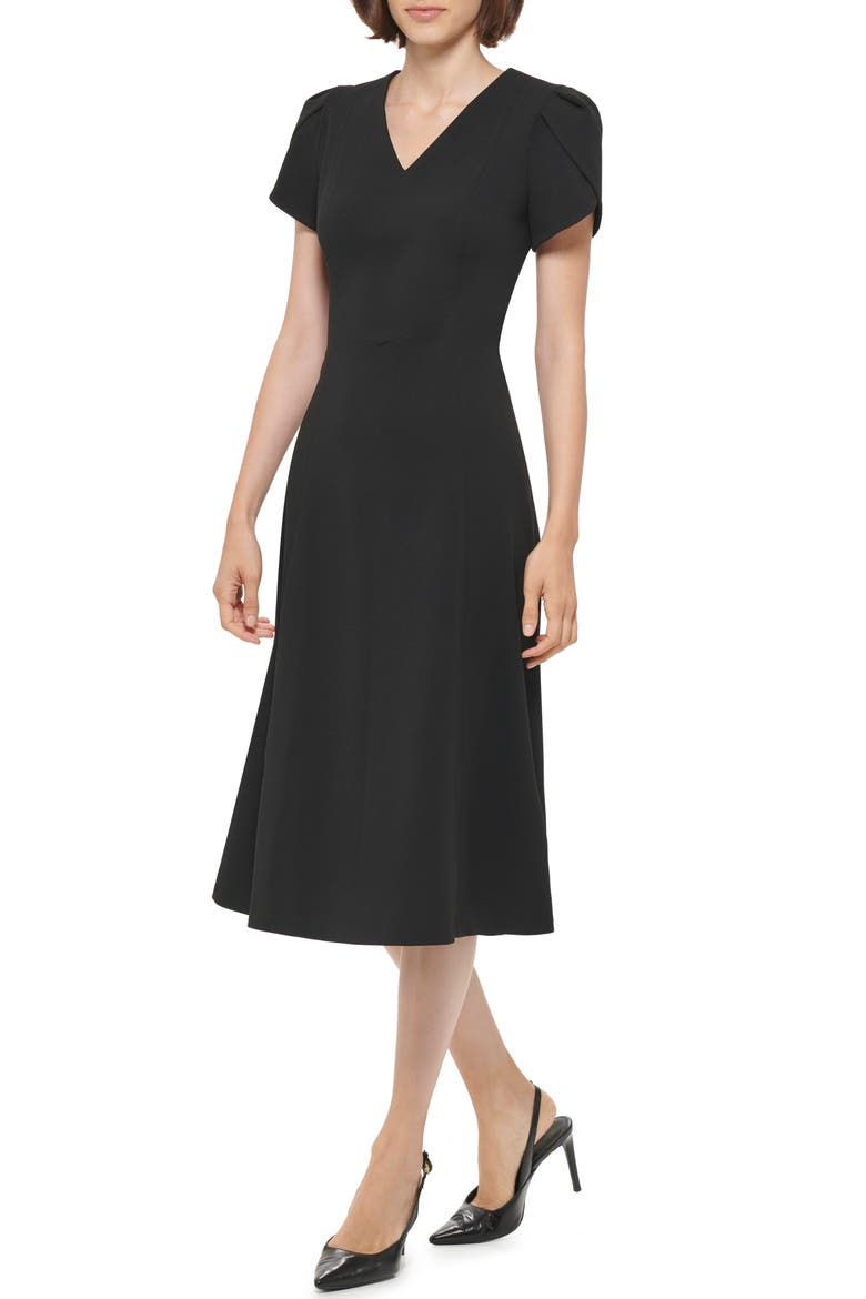 Tulip Sleeve A-Line Midi Dress, Alternate, color, BLACK