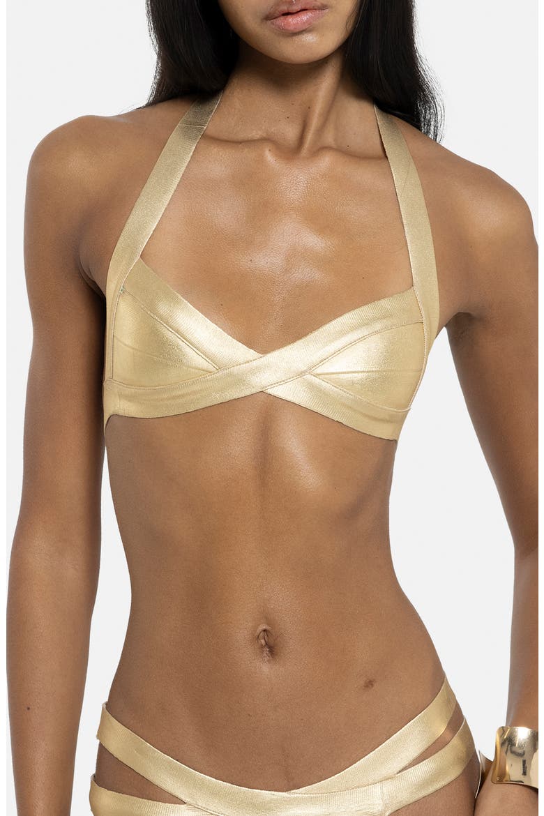 Metallic Bandage Halter Bikini Top, Main, color, GOLD