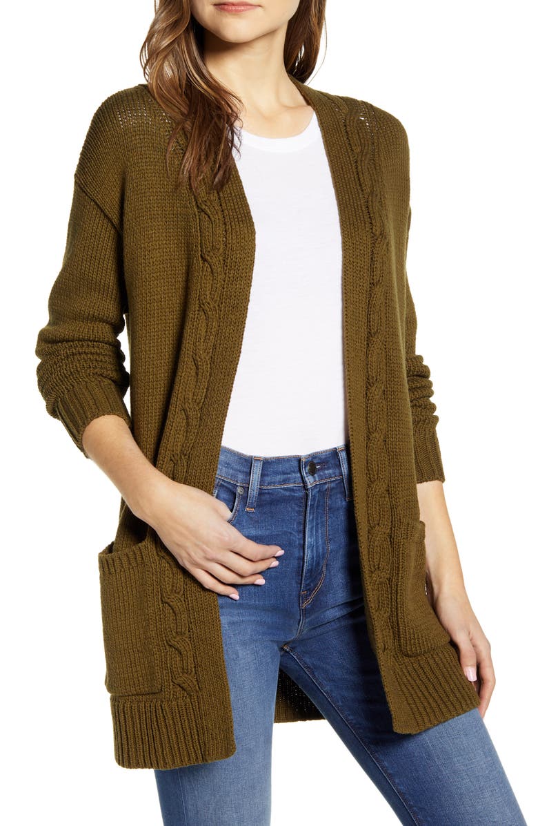 Lucky Brand Cable Accent Cotton Blend Cardigan, Main, color,