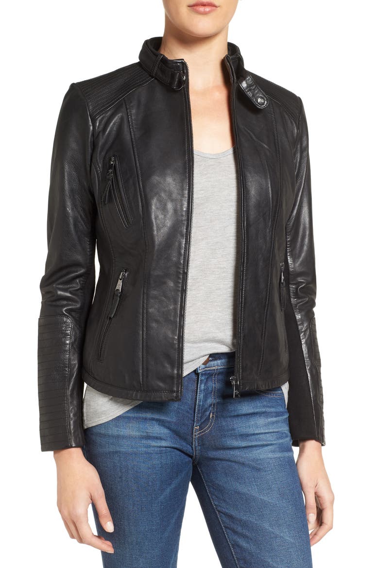 Zip Front Leather Biker Jacket, Main, color, BLACK