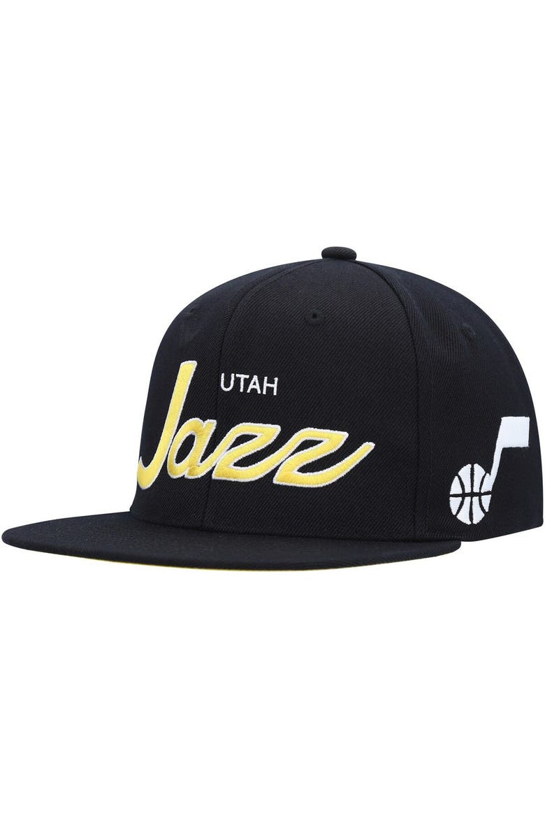 Men's Mitchell & Ness Black Utah Jazz Hardwood Classics Script 2.0 Snapback Hat, Main, color, Black