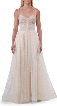 La Femme Polka Dot Tulle Prom Dress with Sheer Corset Top