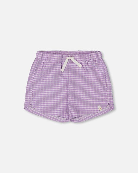 Little Girl's Crinkle Short White Checkered Lilac