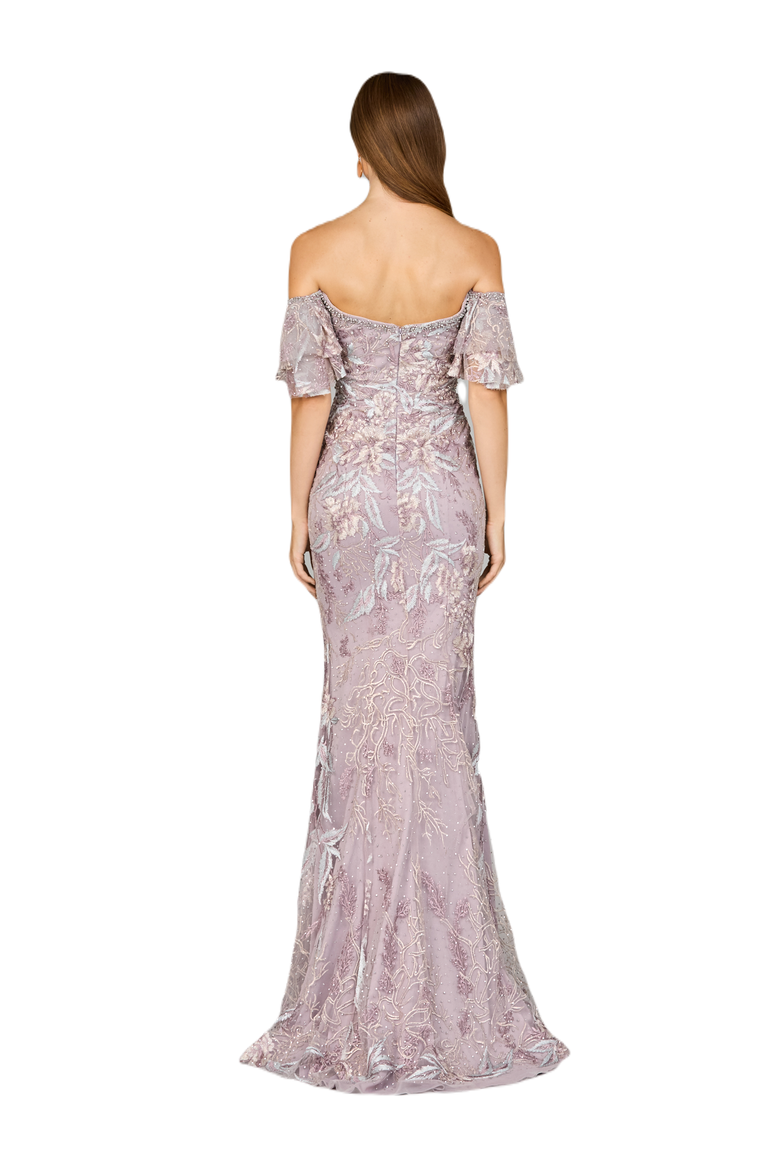 Off Shoulder Mermaid Lace Gown, Alternate, color, DustyPurple