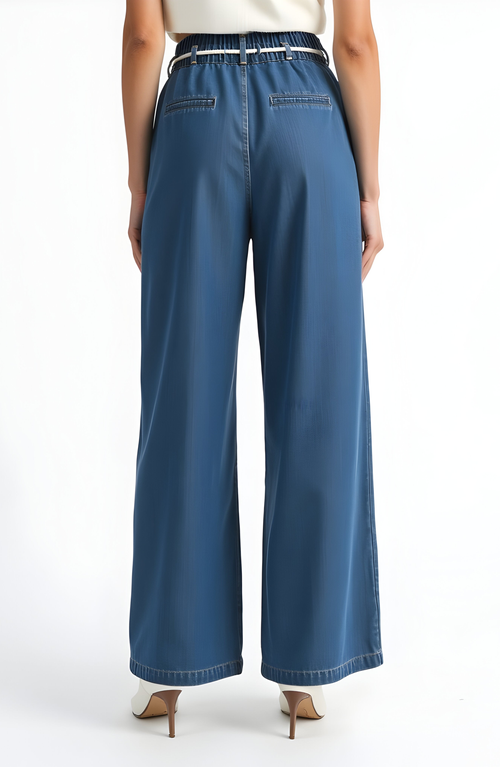 Modenaire Wide Leg Denim Pants With Tassel Drawstring Waist And Pleat Detail In Blue