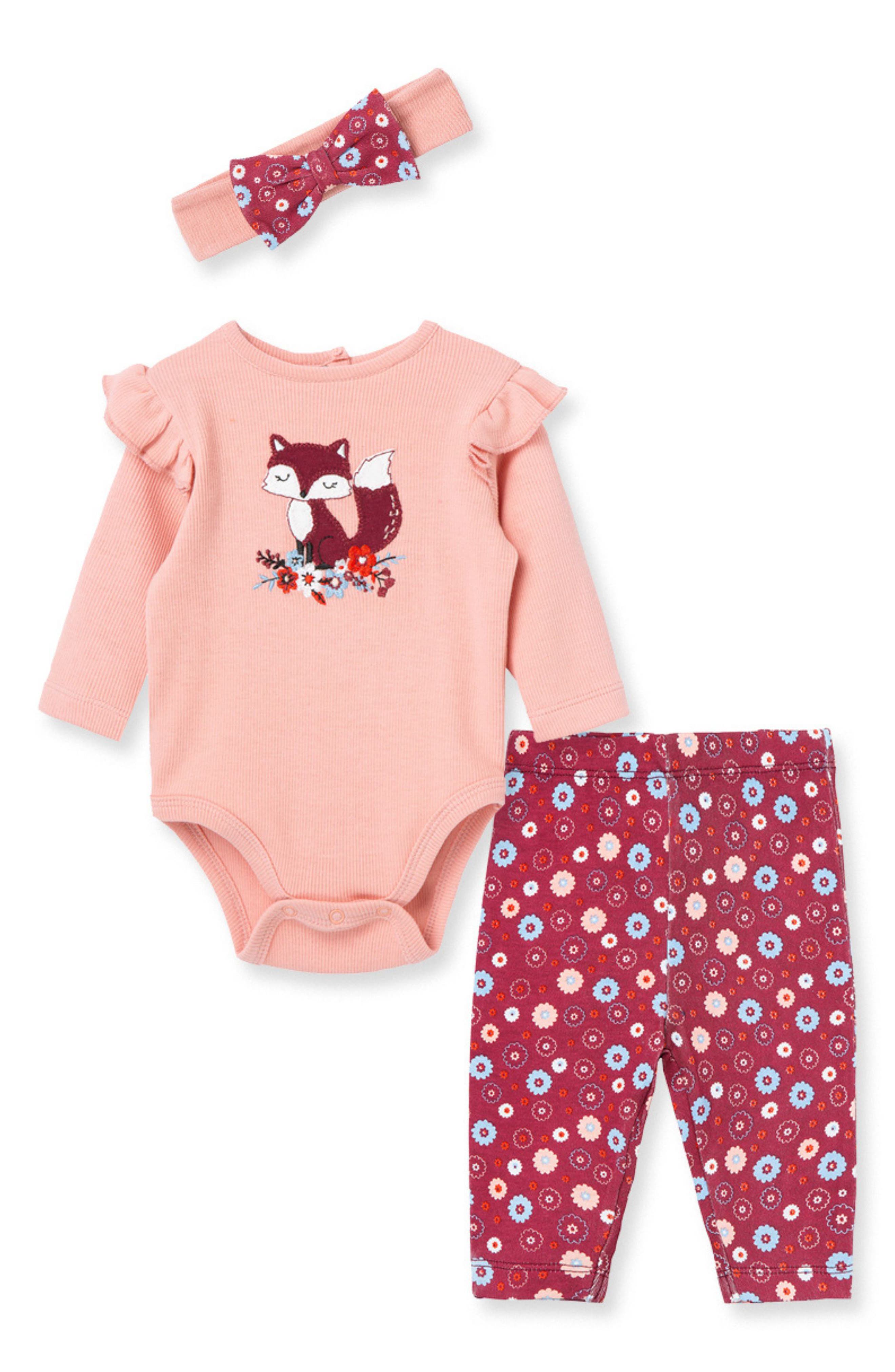 Little Me Fox Floral Bodysuit, Pants & Headband Set (Women) | Nordstromrack