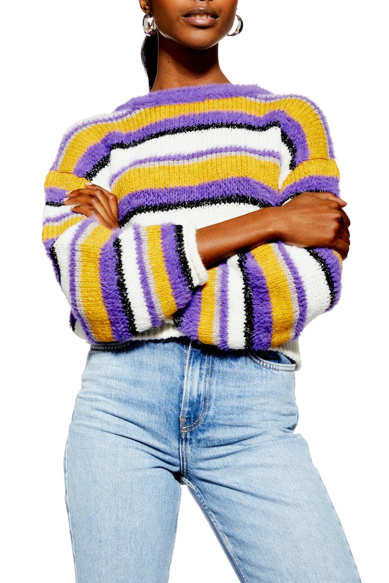 Fluffy Stripe Sweater, Main, color, PURPLE MULTI