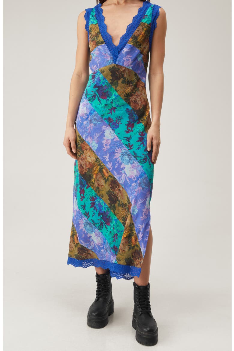 Mixed Floral Print Lace Trim Midi Dress, Main, color, BLUE