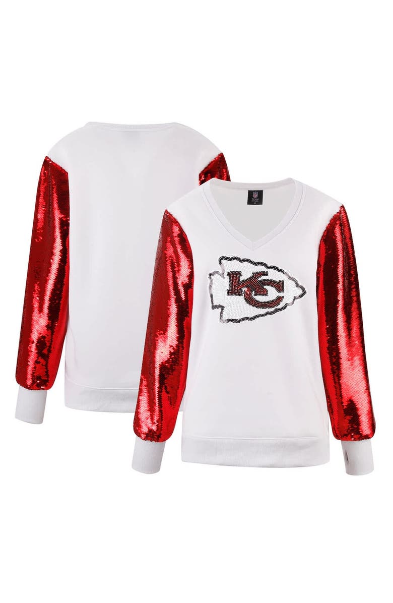 CUCE Women's Cuce White Kansas City Chiefs Sequin Sleeve V-Neck Pullover Sweatshirt, Main, color, 