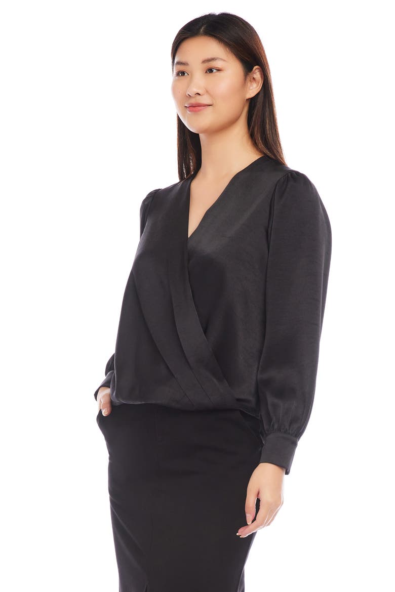 Surplice Drape Front Satin Top, Alternate, color, BLACK