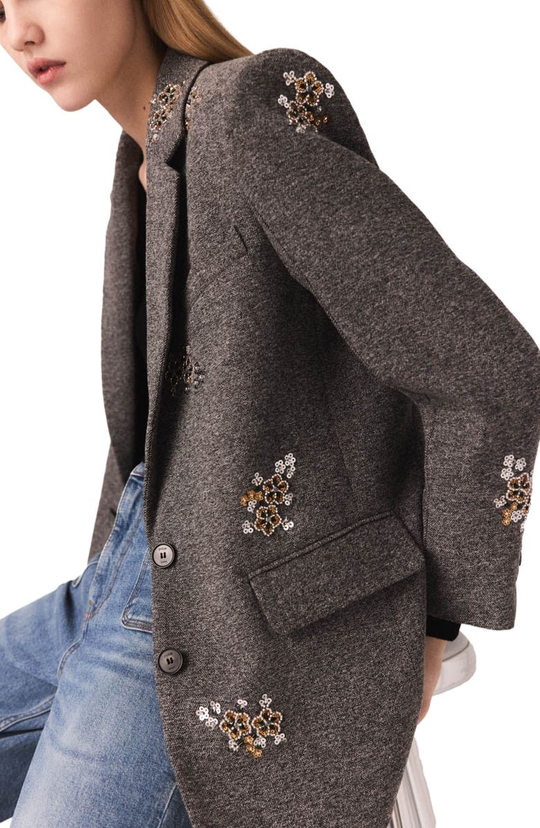 maje Tailored jacket with embroidered flowers, Alternate, color, Grey