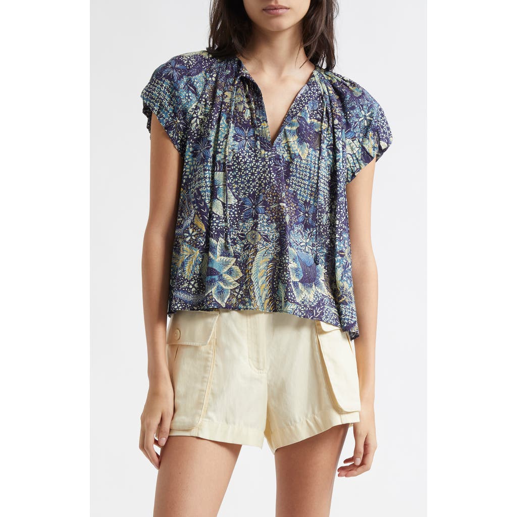 Ulla Johnson Issa Mixed Print Cotton Blend Top In Blue
