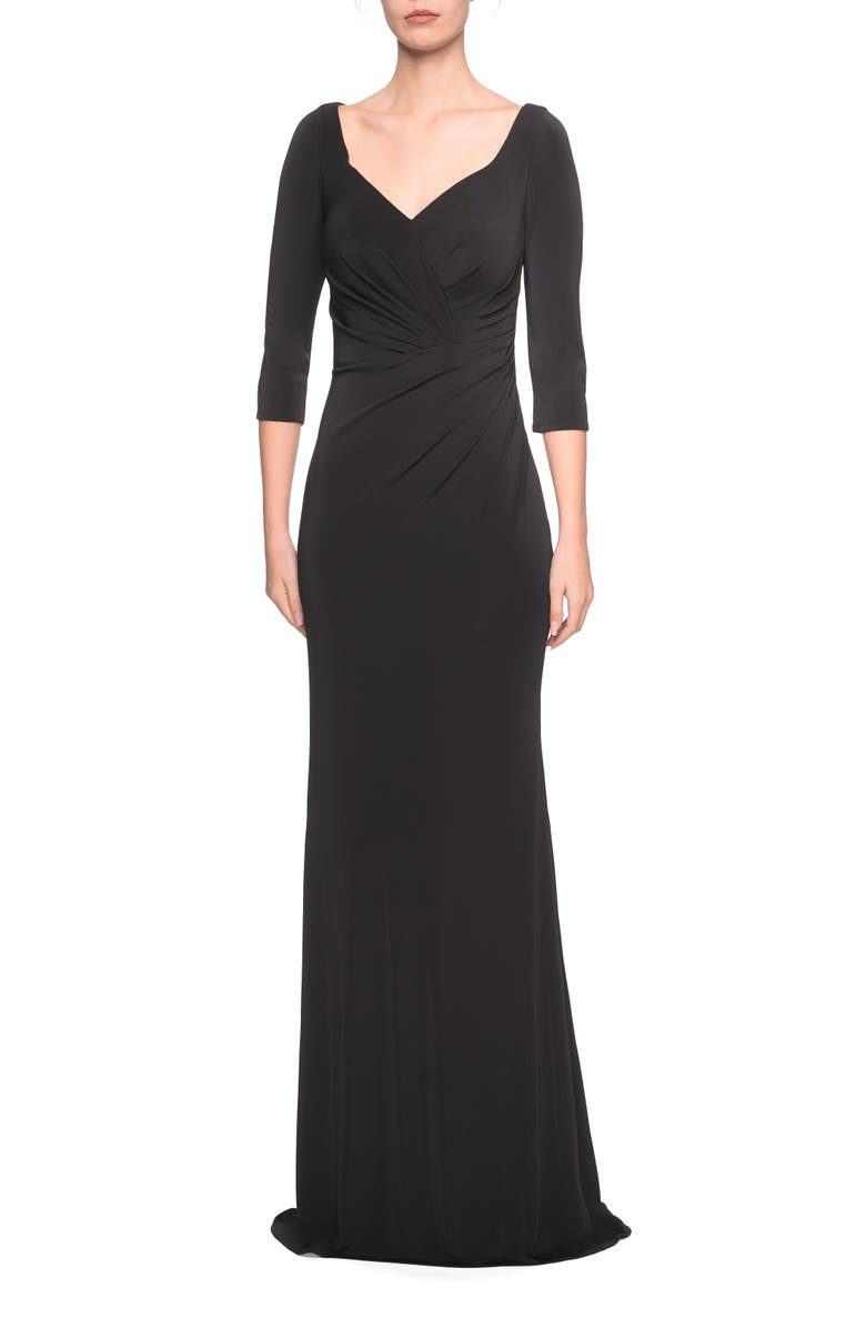 La Femme 3/4 Sleeve Long Jersey Dress with Sweetheart Neckline, Main, color, Black