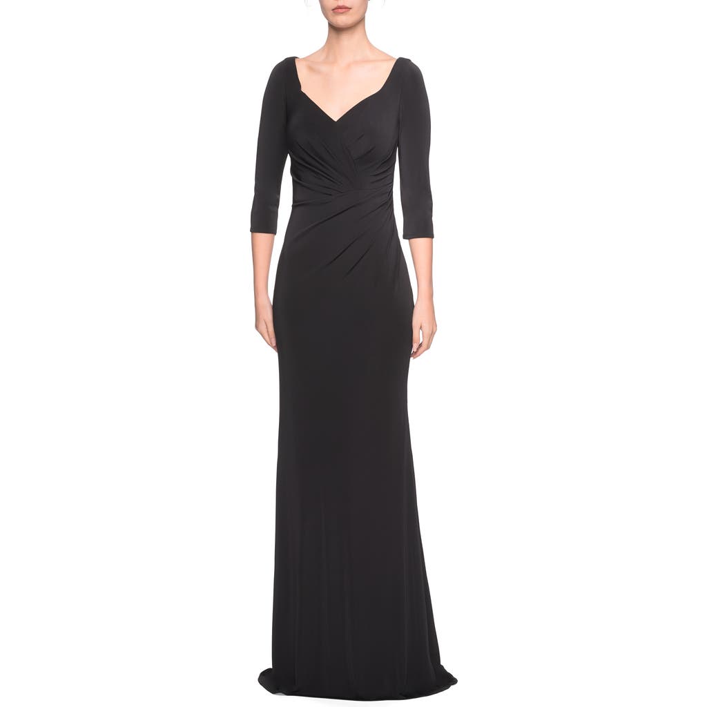 La Femme 3/4 Sleeve Long Jersey Dress with Sweetheart Neckline in Black  product