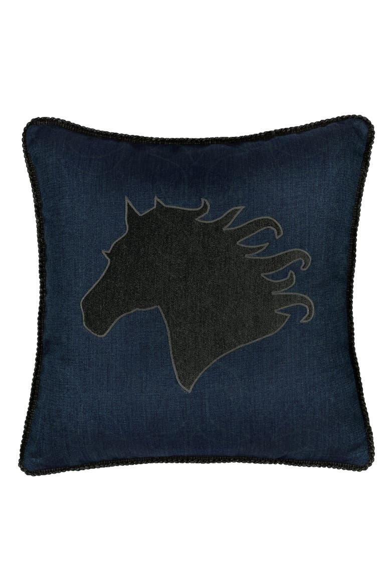 Black Beauty Handmade Velvet Embroidered Applique Indoor & Outdoor Accent Pillow, Main, color, Denim
