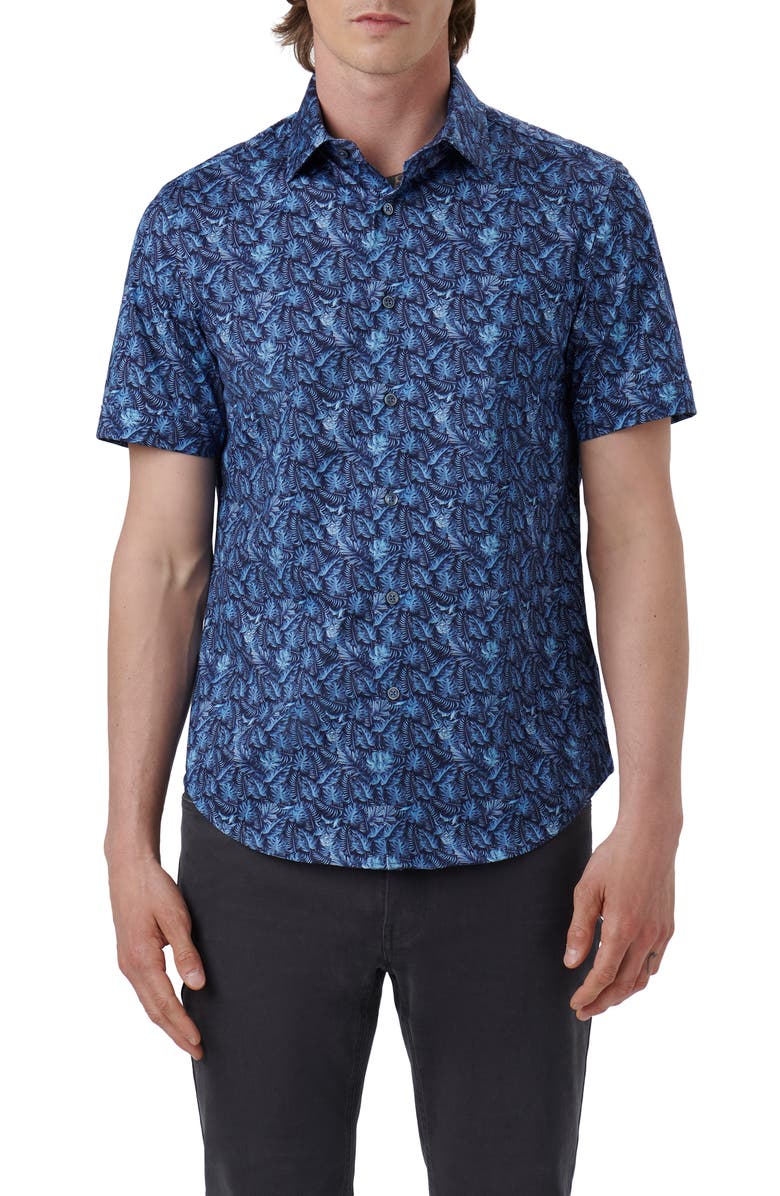 Bugatchi Miles OoohCotton<sup>®</sup> Leaf Print Short Sleeve Button-Up Shirt, Main, color, 