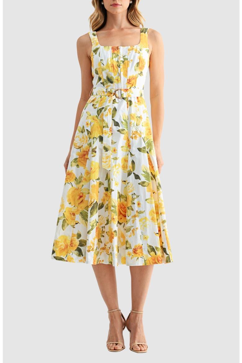 Belted Sleeveless Fit & Flare Midi Dress, Main, color, YELLOW FLORAL